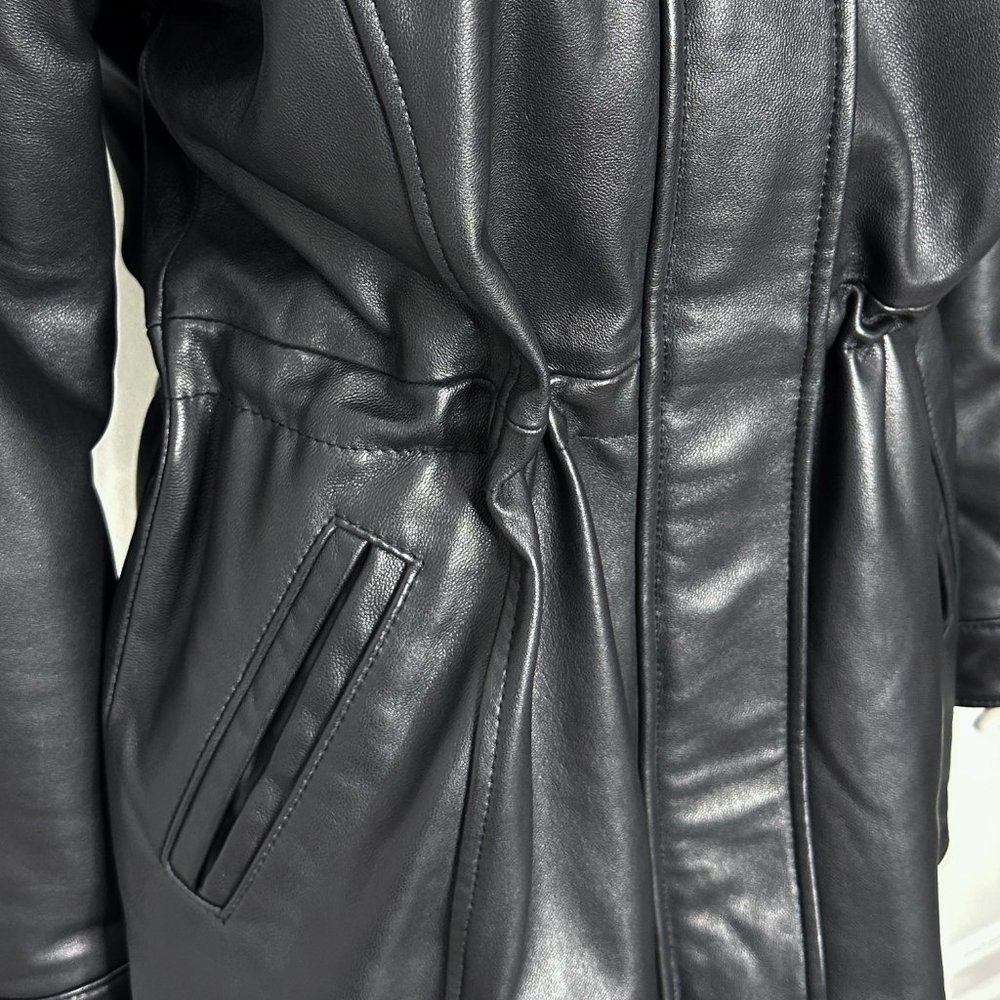 Genuine Lamb Leather Longline Coat Jacket w/ Remove-able Faux Fur Trim Hood - Picture 6 of 16